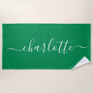 Cute Trendy Kelly Green Script Name Personalised  Beach Towel