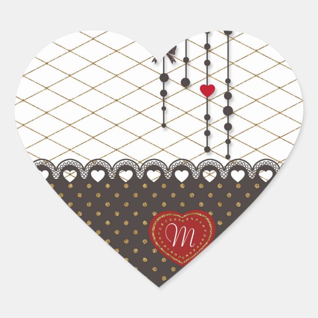 Cute trendy lace faux gold glitter strokes pattern heart sticker (Front)
