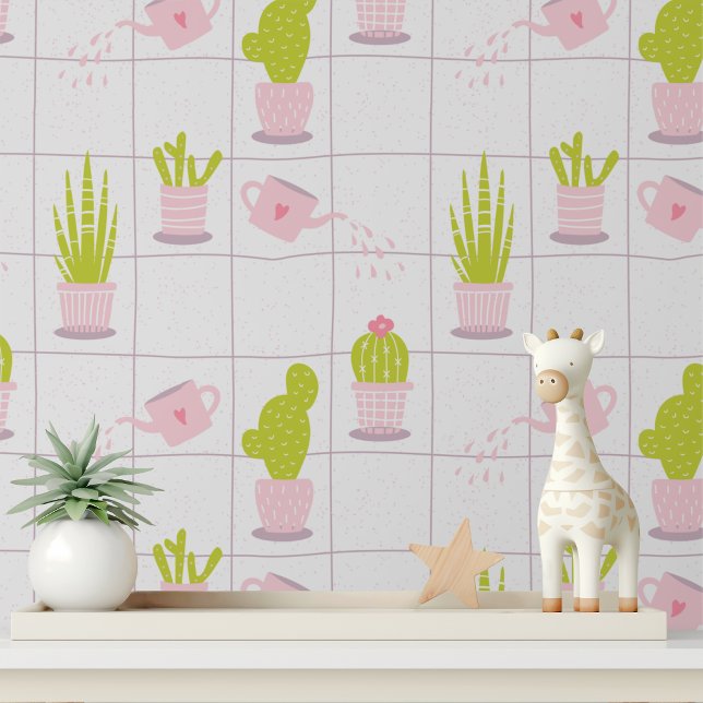 Cute Trendy Modern Cactus Pink Flower Pattern Wallpaper (Creator Uploaded)