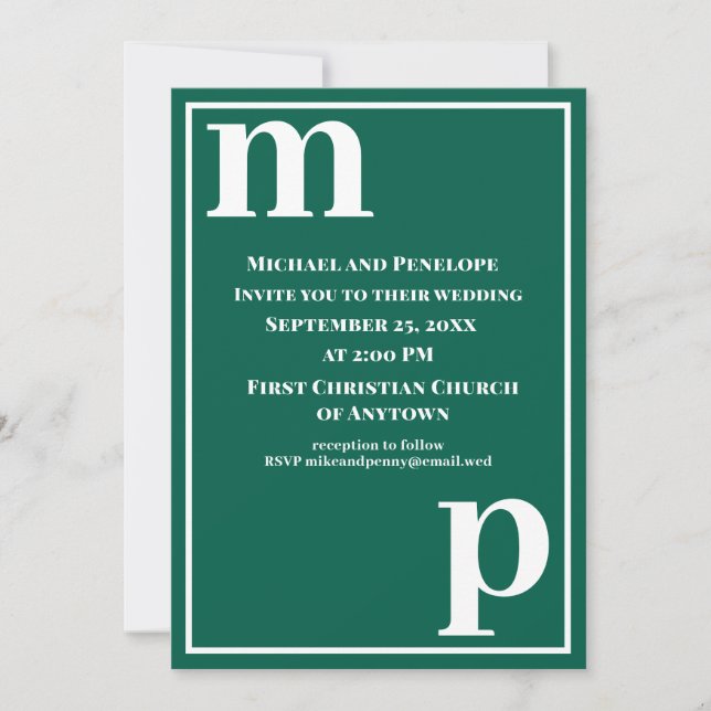 Cute Trendy Monogram Emerald Green Wedding Invitation (Front)