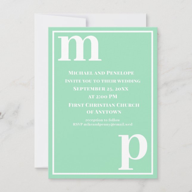 Cute Trendy Monogram Sea Foam Green Wedding  Invitation (Front)