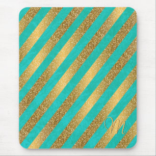 Cute trendy monogram stripes faux gold glitter mouse pad