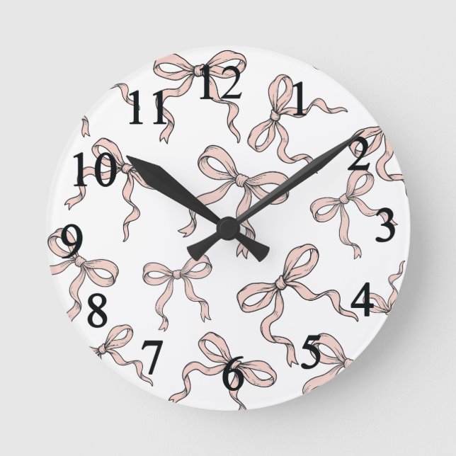 Cute Trendy Pink Ribbon Bows Outlined in Black Round Clock (Front)