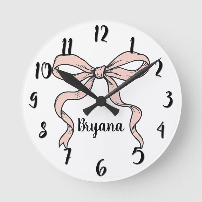 Cute Trendy Pink Ribbon Bows Outlined in Black Round Clock (Front)