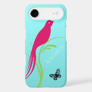 Cute Trendy Pink Swallow Bird Butterfly on Aqua