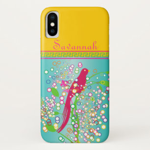 Cute Trendy  Pink Swallow Bird Circle Burst Aqua iPhone X Case