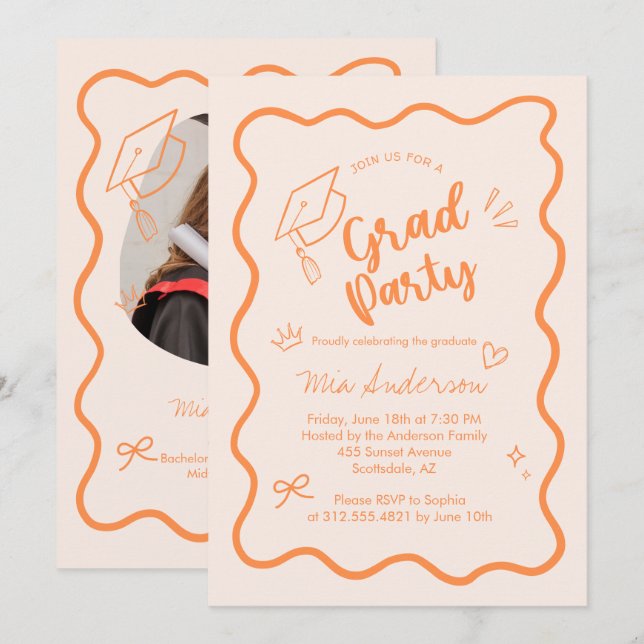 Cute Trendy Pink Wavy Border Graduation Invitation (Front/Back)