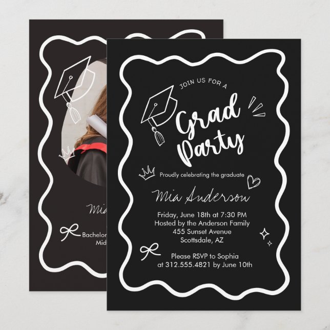Cute Trendy Pink Wavy Border Graduation Invitation (Front/Back)
