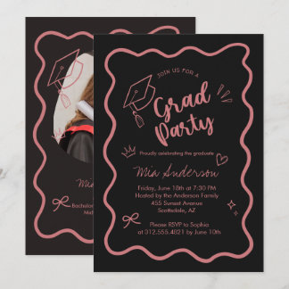 Cute Trendy Pink Wavy Border Graduation Invitation