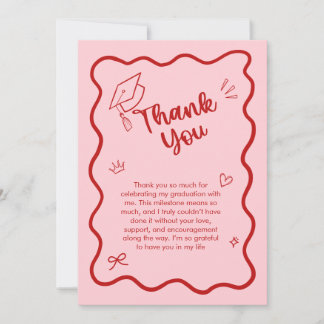 Cute Trendy Pink Wavy Border Graduation Thank You Card