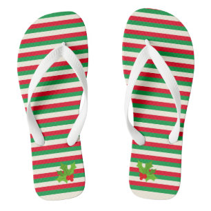 Cute Trendy Red and Green Stripe Christmas Holly Thongs
