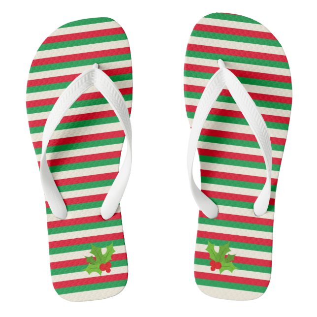 Cute Trendy Red and Green Stripe Christmas Holly Thongs (Footbed)