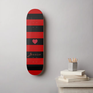 Cute Trendy Red Black Stripes Heart Personalised Skateboard