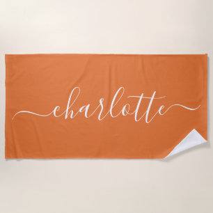 Cute Trendy Script Name Personalised Bright Orange Beach Towel