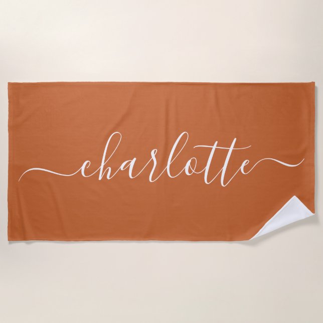 Cute Trendy Script Name Personalised Burnt Orange Beach Towel (Front)