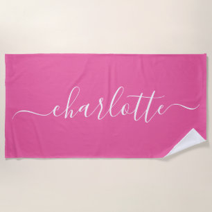 Cute Trendy Script Name Personalised Hot Pink Beach Towel