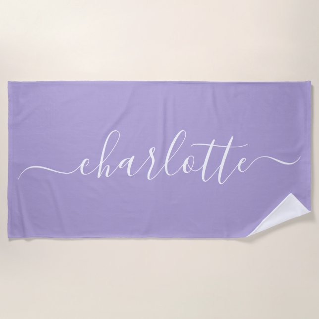 Cute Trendy Script Name Personalised Lavender Beach Towel (Front)