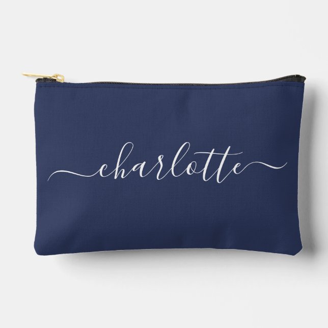 Cute Trendy Script Name Personalised Navy Blue Accessory Pouch (Front)