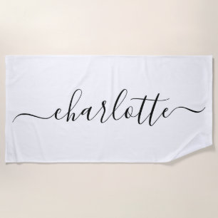 Cute Trendy Script Name Personalised White Beach Towel