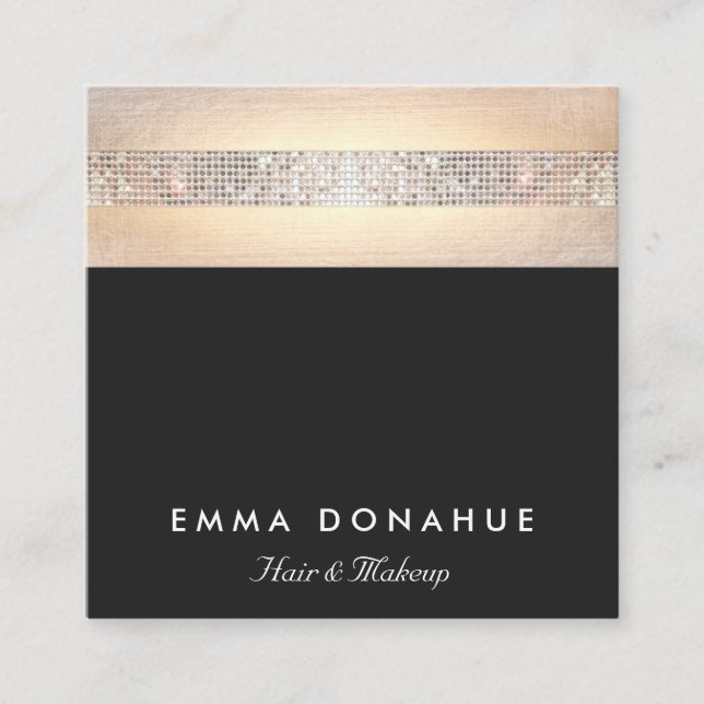 Cute Trendy Sequin and Gold Stripes Black Square Business Card (Front)