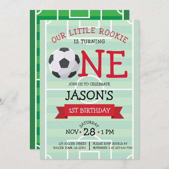 Cute Trendy Soccer Field & Ribbon 1st Birthday Invitation (Front/Back)