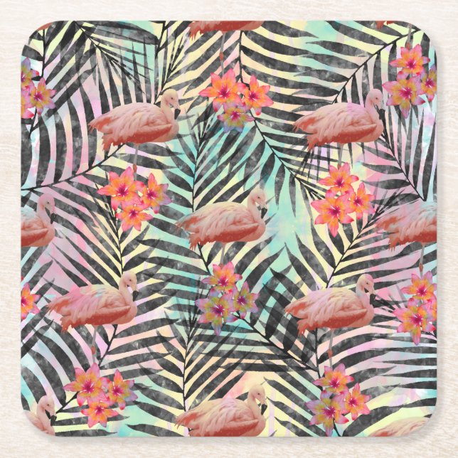 Cute trendy tropical flamingos floral paint square paper coaster (Front)