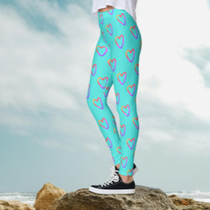 Cute Trendy Turquoise Rainbow Love Hearts Pattern Leggings