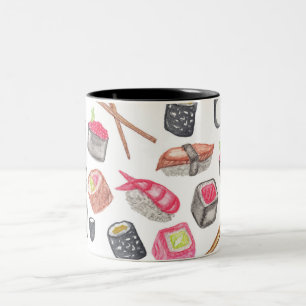 Cute Trendy Watercolor Sushi Sake and Chopsticks Two-Tone Coffee Mug