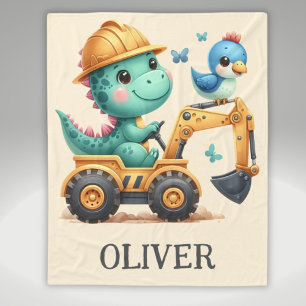 Cute Trex Dinosaur Driving a Construction Vehicle Fleece Blanket