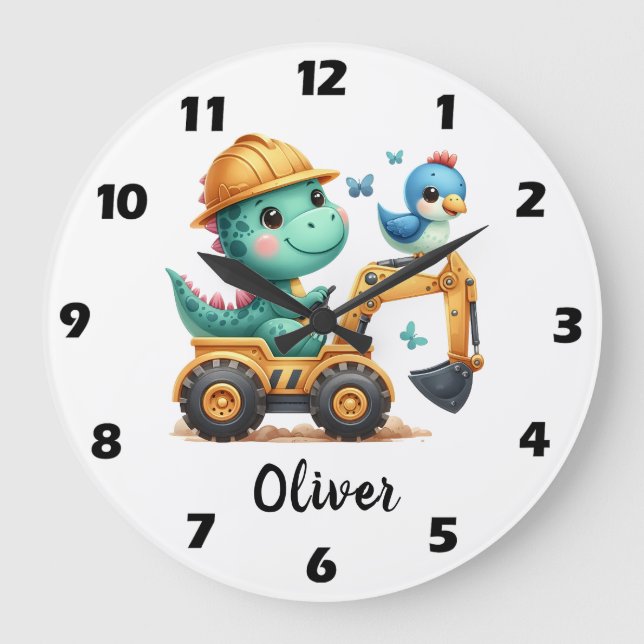 Cute Trex Dinosaur Driving a Construction Vehicle Large Clock (Front)