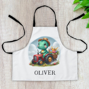 Cute Trex Dinosaur Driving a Red Tractor Apron