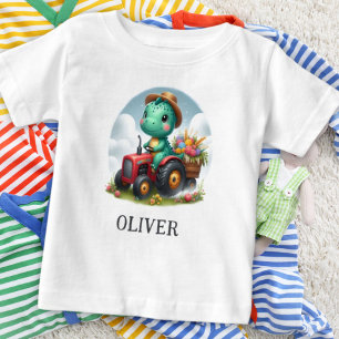 Cute Trex Dinosaur Driving a Red Tractor Baby T-Shirt