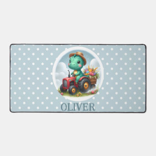 Cute Trex Dinosaur Driving a Red Tractor Desk Mat