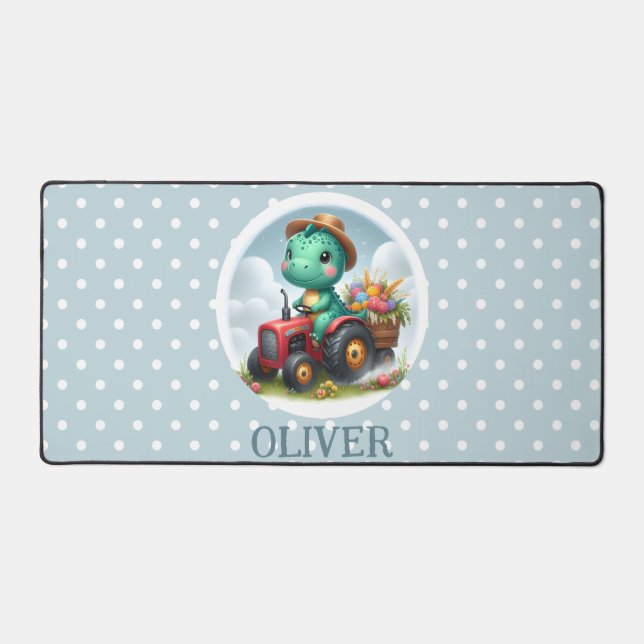 Cute Trex Dinosaur Driving a Red Tractor  Desk Mat (Front)