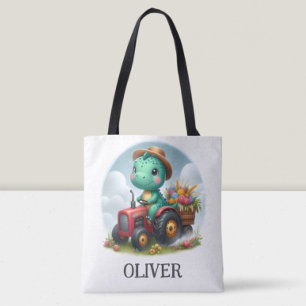 Cute Trex Dinosaur Driving a Red Tractor  Tote Bag