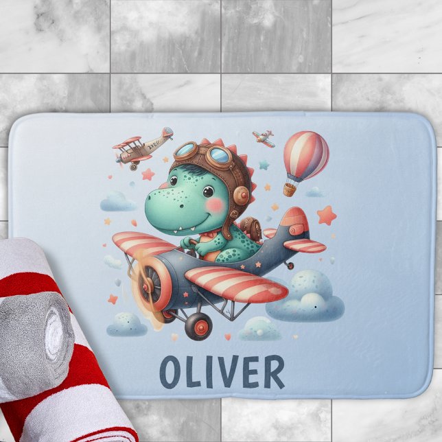 Cute Trex Dinosaur Flying a Charming Aeroplane Bath Mat (Creator Uploaded)