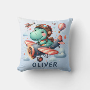 Cute Trex Dinosaur Flying a Charming Aeroplane Cushion