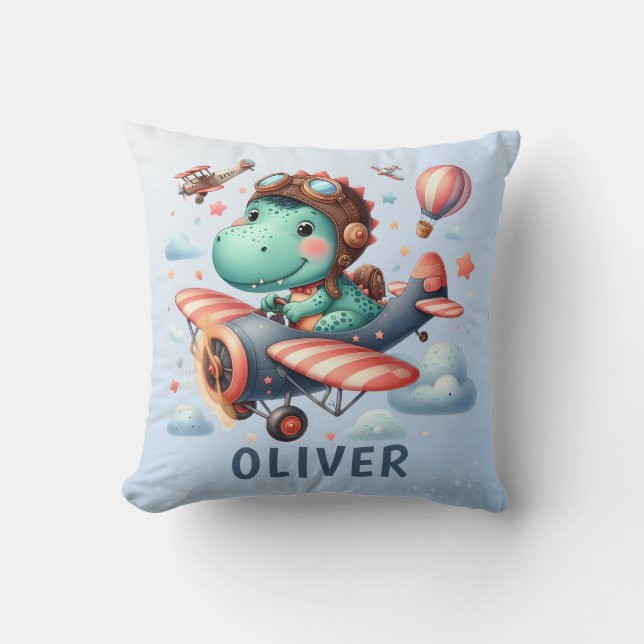 Cute Trex Dinosaur Flying a Charming Aeroplane Cushion (Front)