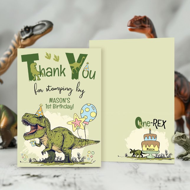 Cute TRex Dinosaur One-Rex 1st Birthday Party Thank You Card (Cute first One-Rex TRex Dinosaur Jurassic Dino 1st boy birthday party thank you for stomping by)