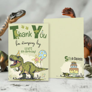 Cute TRex Dinosaur Six-A-Saurus 6th Birthday Party Thank You Card