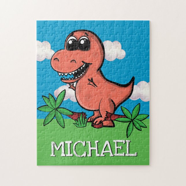 Cute Trex Dinosaur Tyrannosaurus Rex Cartoon Name Jigsaw Puzzle (Vertical)