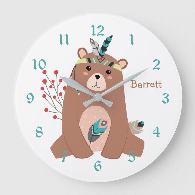 Cute Tribal Bear Personalised Nursery Clock (Front)
