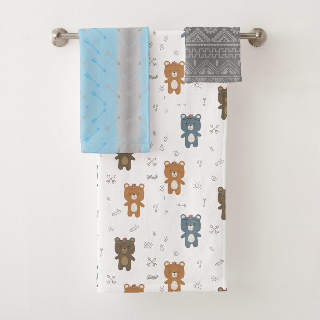 Cute Tribal Bears Grey and Blue Bath Towel Set (Insitu)