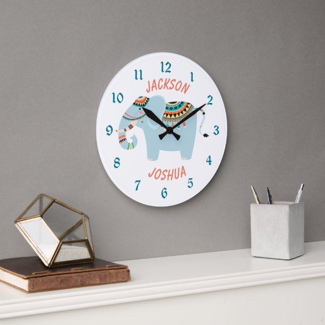 Cute Tribal Elephant Personalised Large Clock (Office)