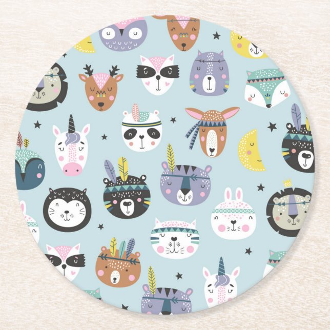 Cute Tribal Face Pattern Round Paper Coaster (Front)