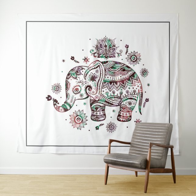 Cute tribal floral elephant illustration tapestry (In Situ (Horizontal))