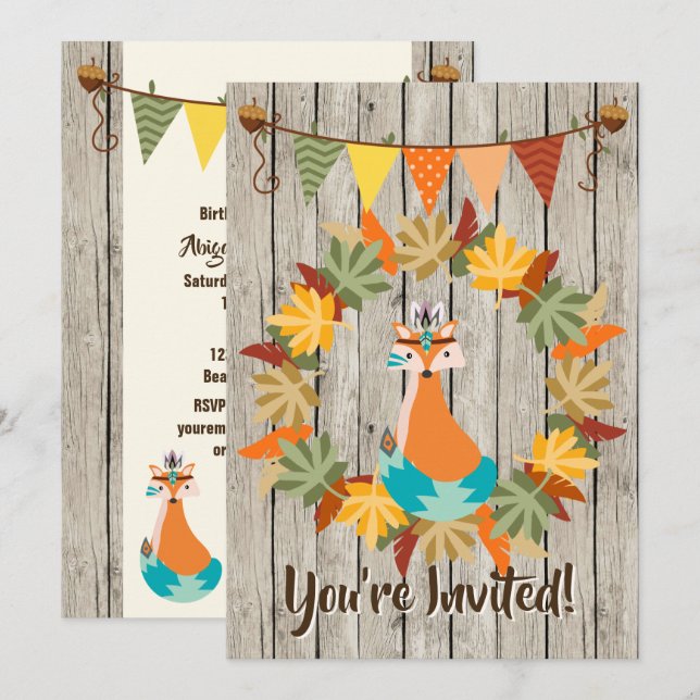 Cute Tribal Fox and Wreath Autumn Birthday Invitation (Front/Back)