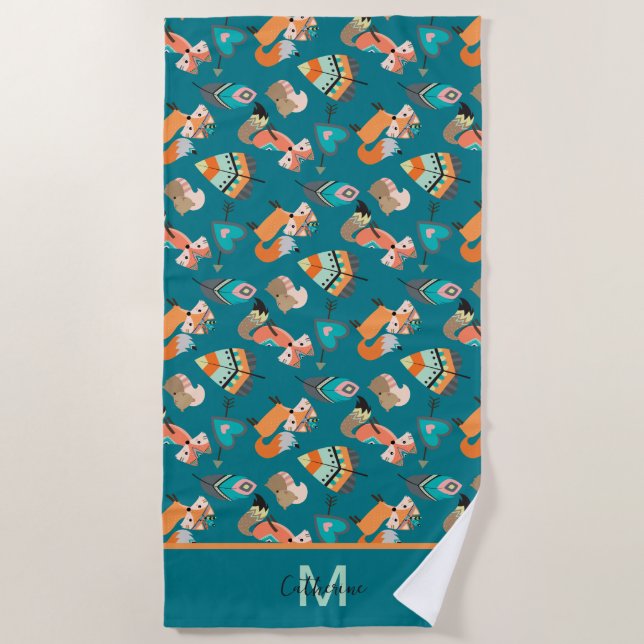Cute Tribal Fox Pattern Monogram Beach Towel (Front)