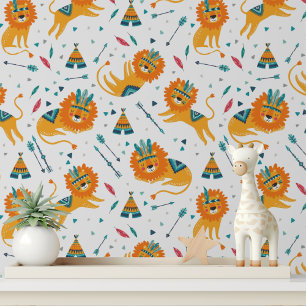 Cute Tribal Lion Safari Nursery Kids Room Wallpaper