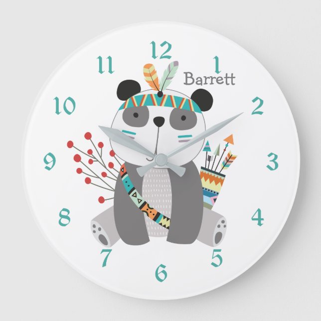 Cute Tribal Panda Bear Personalised Nursery Clock (Front)